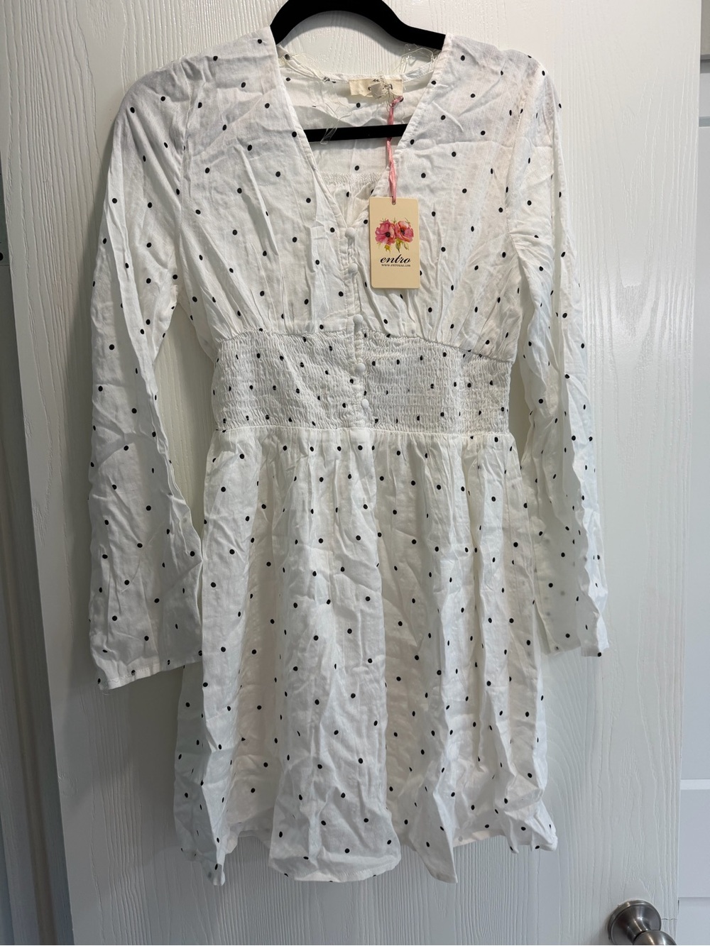 entro White Polka Dot Long-Sleeve Smocked-Waist Casual Dress